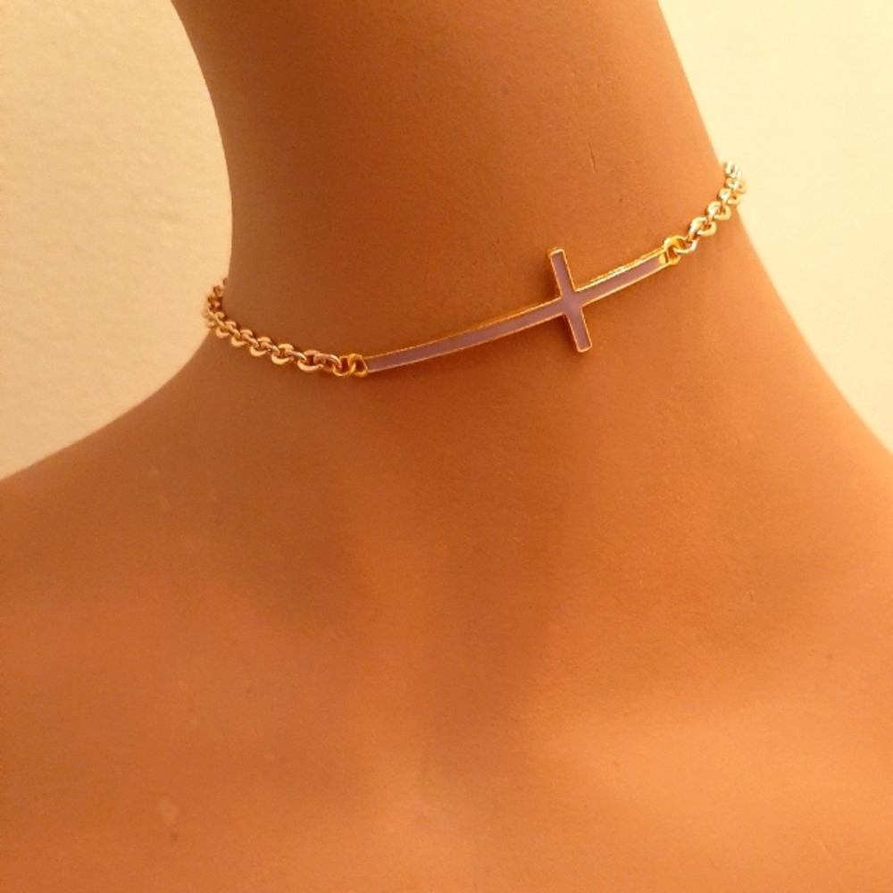 Light Purple Cross on Gold Chain Necklace.